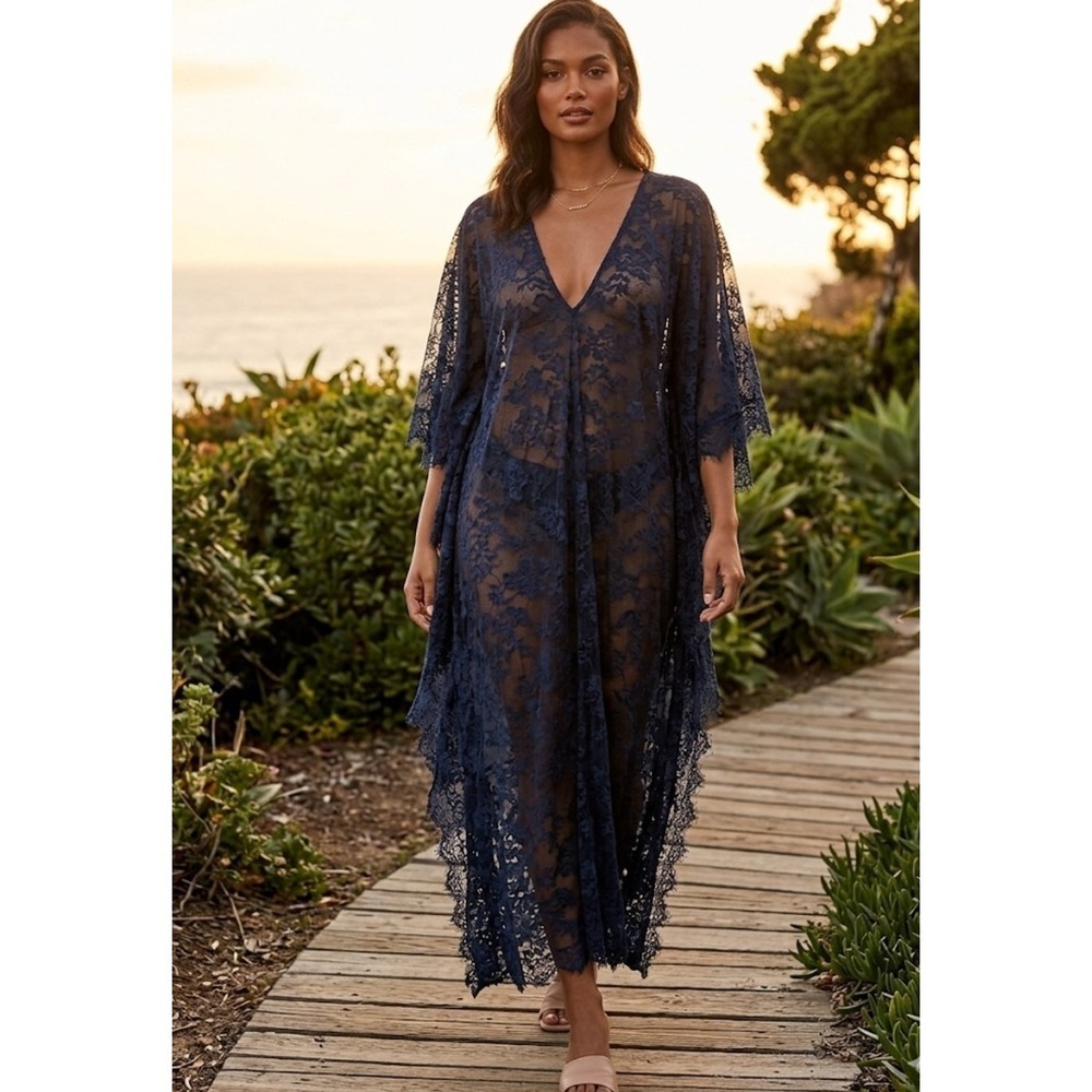 Sexy Navy Blue Lace Kaftan Maxi Dress Cover Up Sheer V-Neck Kimono Robe Size XL